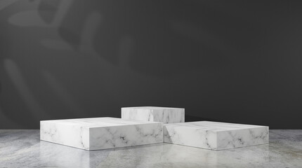 Marble Square shape podium luxurious style, concept scene stage showcase Platforms for product presentation, black wall background Leaf shadow. 3d rendering composition minimal