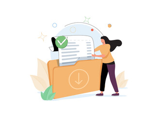 Woman holding folder with document. Concept of file download, data storage, cloud computing service, digital information