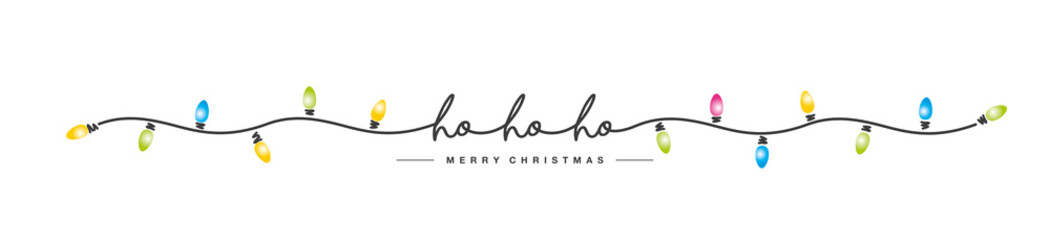 Ho ho ho Merry Christmas black handwritten lettering tipography line design pattern colorful Christmas lights white isolated background banner vector