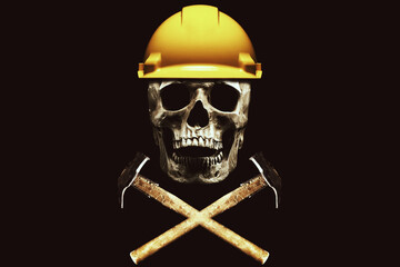Human skull wearing yellow construction worker helmet with hammers. Isolated on black. Dangers of...