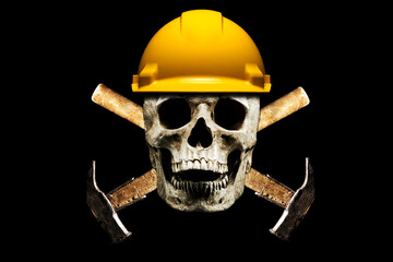 Worker's skull. Skull in yellow helmet with two crossed hammers. 