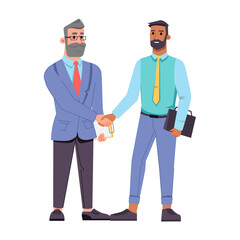 Businessman of different ages shaking hands isolated flat cartoon characters. Vector bearded middle age boss in glasses and young worker greeting by handshake, cooperation and agreement, teamwork
