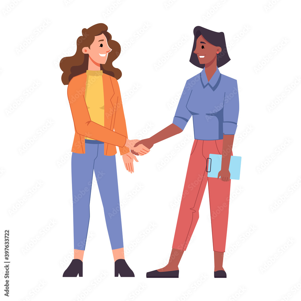 Poster female characters of different races shaking hands and smiling. isolated business people, colleagues