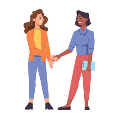 Obraz premium Female characters of different races shaking hands and smiling. Isolated business people, colleagues or partners working in team. Cooperation and agreement between sides. Vector in flat style