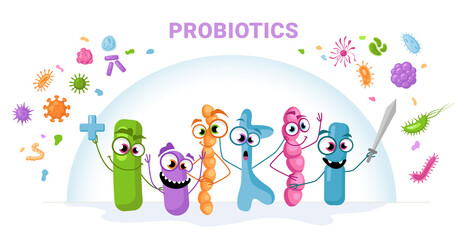 Funny characters probiotics protect against viruses and bacteria isolated cartoon emojies. Vector flat cartoon bacillus, epidemic cells, bad influenza. Bacterium microbes, microorganism infections