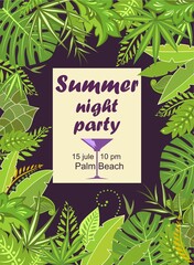 Summer cocktail night party invitation, flyer or poster template with palm tree and exotic leaves