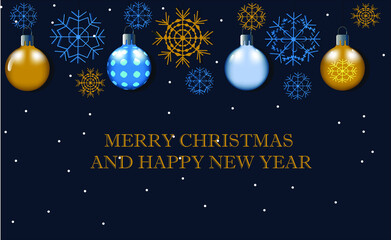 Naklejka premium Vector illustration of christmas balls and snowflakes on dark backround