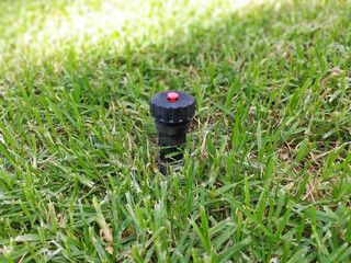 Close up of Irrigation sprinkler on grass background. A water spray sprinkler as a tool to irrigate grass. Automatic irrigation system. Garden items pattern.