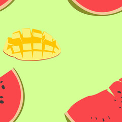 Mango and watermelon on green background. 
Seamless pattern. Bright illustration.