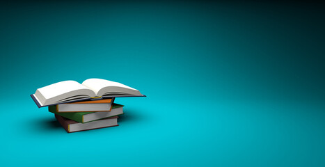 open book on top of a textbooks heap isolated on blue backdrop with space for text and images, 3d illustration