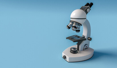 Optical microscope isolated on light blue backdrop with copy space, 3d illustration.