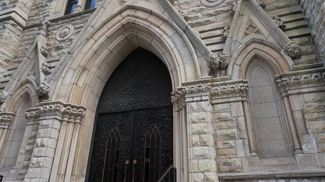 Exterior of Holy Name Cathedral, Chicago USA. Slow Motion Tilt Up View