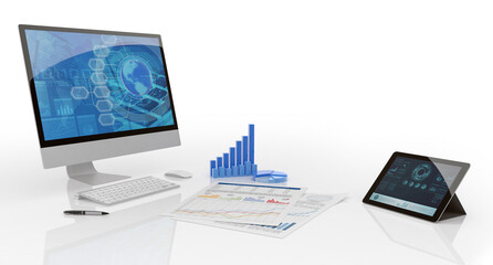 Computer, laptop and economic data charts isolated on white background. 3d illustration of financial technology services. Concept about mobile banking, trading, accounting and fintech