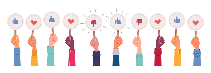 Fototapeta na wymiar Hands vote, likes and dislikes, hearts and feedback isolated icons set. Vector social media votes, positive and approve signs. Satisfaction and success marks, multiethnic and afro american asian skin