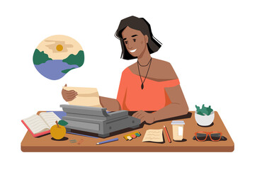 Woman writes story on typewriter, workplace, writer or journalist typing article or post, cup of tea or coffee, books and pens on table. Vector afro american correspondent dreaming about rest