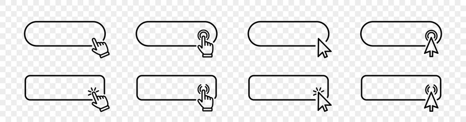 Click cursor set button with hand pointer clicking. Click here web button sign. Isolated website buy or register bar icon with hand finger arrow clicking cursor – stock vector - obrazy, fototapety, plakaty