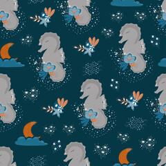 Fashionable seamless with seahorse. Fabric design with seahorse, flowers and moon on blue background. Vector cute repeating pattern for baby fabric, Wallpaper or wrapping paper