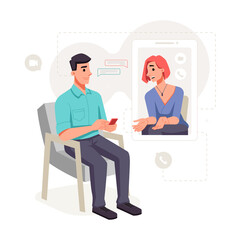Female patient communicates with psychologist online, video audio call. Vector consultation on computer at home, session with psychologist, distance counseling to stay safe from coronavirus