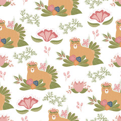 Fashion seamless diy flower pattern with bear. Fabric design with simple pink flowers. Vector cute repeating pattern for fabric, Wallpaper or wrapping paper