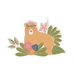 Cute girl bear in bushes and grass cartoon animals in natural landscape vector illustration