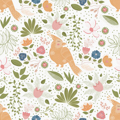 Seamless floral pattern with birds.Yellow birds in flowers and leaves. Vector