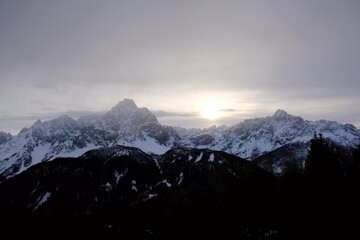 Fototapeta na wymiar Sunset mountain view from peak Monte Elmo/Helm in Dolomites, Italy, Puster Valley/Alta Pusteria, South Tyrol.