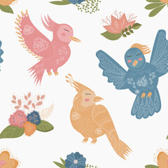 Cute vector seamless pattern. Colorful Botanical elements-flowers, birds, leaves-are isolated on a white background.Texture for invitations, postcards, websites, wrapping paper, textiles
