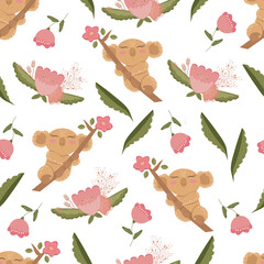 Cute illustration with a Koala cub, poster design. Colorful vector background. Cartoon postcard of a Panda on a branch. Vector illustration for the design of a children's poster, children's print