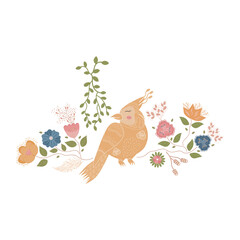Vector image of a cartoon yellow bird.Yellow bird among the flowers.Design for t-shirts, greeting cards, invitations