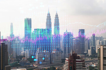 Fototapeta na wymiar Financial stock chart hologram over panorama city view of Kuala Lumpur. KL is the business center in Malaysia, Asia. The concept of international transactions. Double exposure.