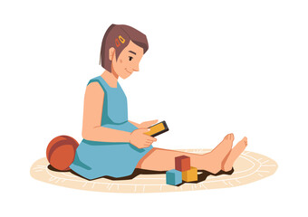 Young girl with smartphone in hands sitting on carpet with toys and blocks isolated female pupil. Vector elementary school student with phone chatting, browsing and watching cartoons. Pretty child