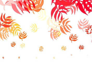 Light Red, Yellow vector doodle background with leaves.