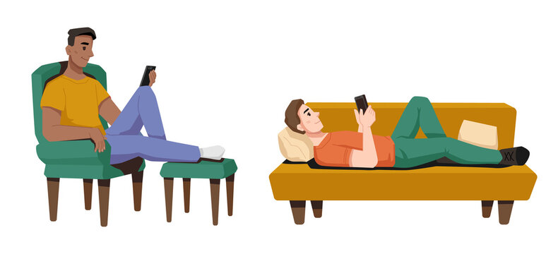 Guys lying and sitting on couch or armchair at home isolated. Vector teenager boy uses smartphone, browsing or chatting, texting or watching videos. Person with cellphone, guy communicating by mobile