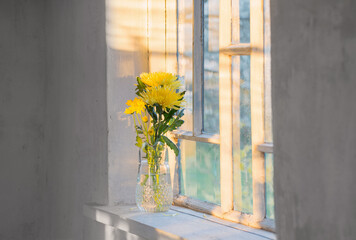 yellow flowers in glass jug on windowsill
