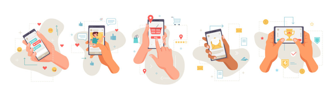 Smartphones screens showing applications, isolated set of icons of hands with mobile phones. Shopping and social media, networks and games. Entertainment and chatting online, vector in flat style