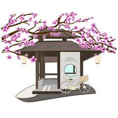 beautiful japanese gazebo for relaxing with sakura and bike in vector
