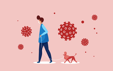 Man in medical respiratory mask walking with pet dog vector illustration. Cartoon walker male character wearing safe face mask to prevent coronavirus cells infection, prevention measure background