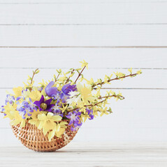 spring flowers in basket on white wooden background