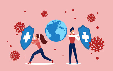 Coronavirus covid19 infection prevention and protection concept vector illustration. Cartoon people in protective masks holding shields, shielding globe planet earth from corona virus cells attacks