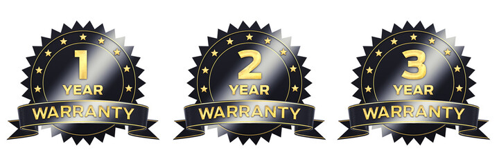 1, 2, 3 year black and gold warranty label icons isolated on white