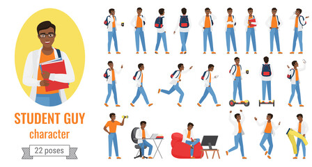 Student guy poses vector illustration set. Cartoon young male character in jeans posing with books in avatar, riding hoverboard, studying with laptop or gaming in different postures isolated on white