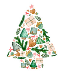 Watercolor Christmas tree of spruce branches, new year toys, Wooden hearts, candles, gift boxex, stars, bow-knots. Isolated. Ideal for Happy new year and Merry Chrismas cards, flyers, brochures