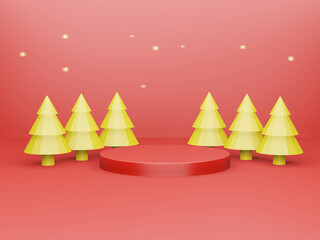 Red podium with golden chrismas tree background. 3D rendering of red background.
