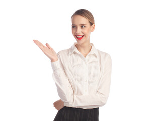 excited smiling woman in formal wear showing product, copy space isolated on white background