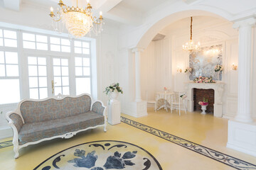 beautiful stylish chic rich clean bright blank interior. high white walls with large windows from floor the pattern on the floor