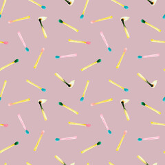 Seamless pattern with Multicolored safety matches in pastel colors. Burning match. Lilac background. Watercolor hand drawn elements. Perfect for printing on the fabric, design package and cover.