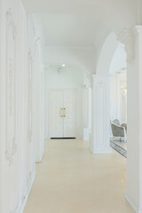 beautiful stylish chic rich clean bright blank interior. high white walls with large windows from floor the pattern on the floor