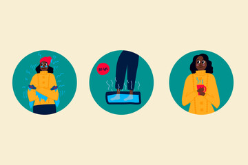 Obraz premium Set of illustrations of a woman freezing frostbite. Vector linear illustration of frozen hands, feet, ears, nose icons. Collection for the poster freezing, warming feet, hot drink. Action after the