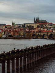 View on Prague Castle and Lesser Town from across the Vltava River on an autumn evening