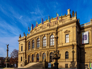 Fototapeta na wymiar Facade of Rudolphinum Opera House in Prague in the evenin light